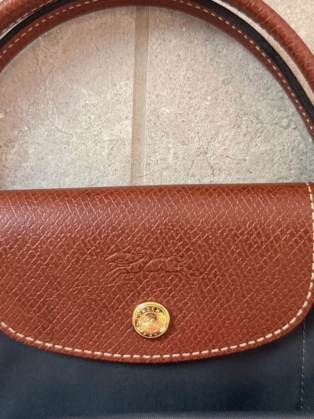 Longchamp Le Pliage Charcoal Nylon Brown Leather Top Handle Bag - Picture 7 of 12